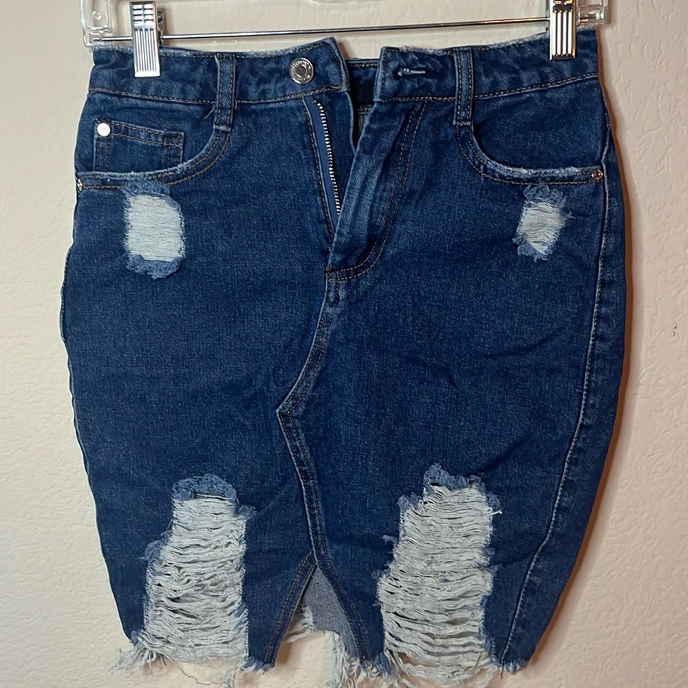 Petit Distressed Denim Midi Skirt - Size 2S